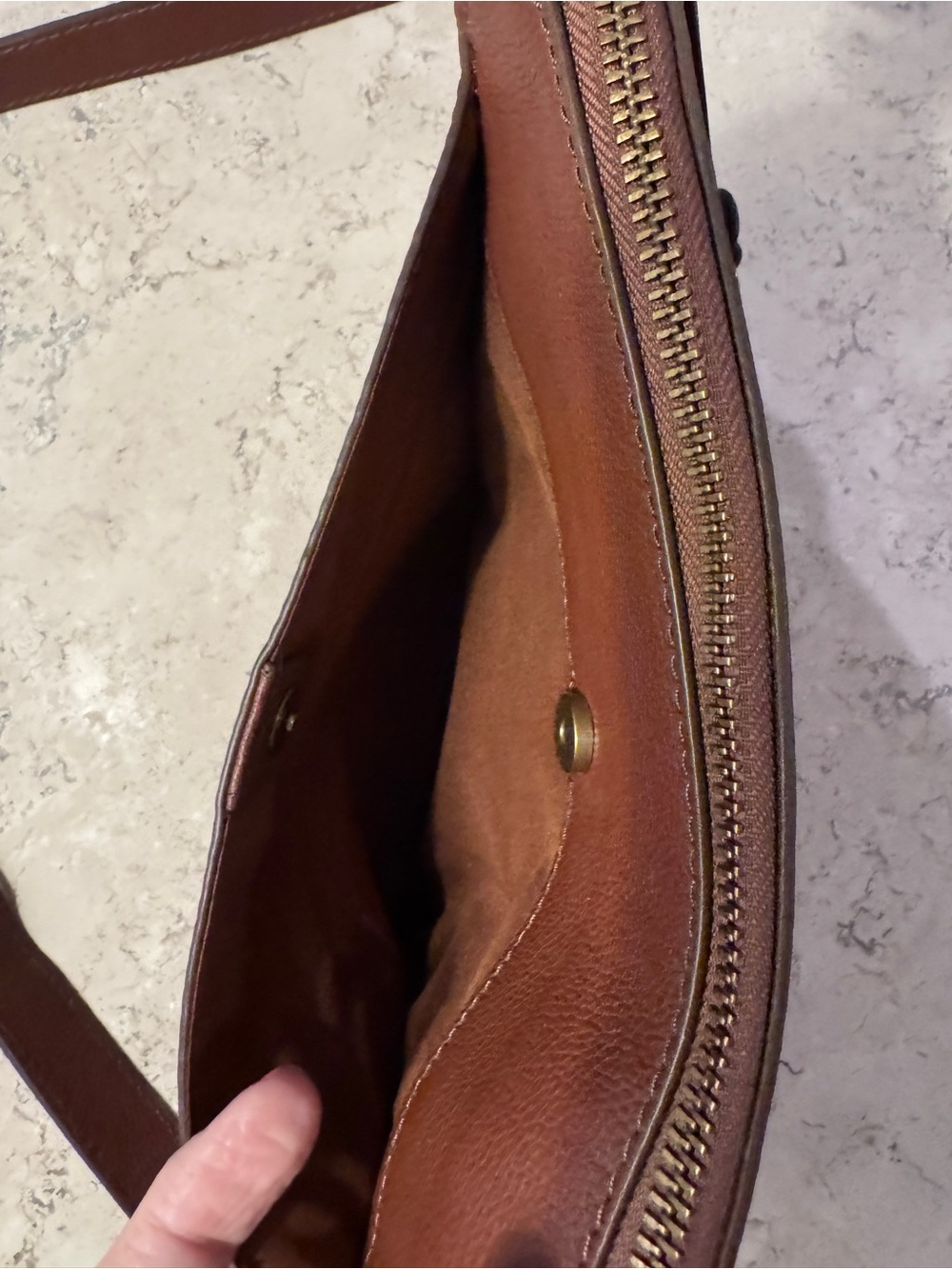 Fossil Leather Crossbody Bag, Cognac Brown, Pebbled Leather, with Brass Hardware - Picture 4 of 13